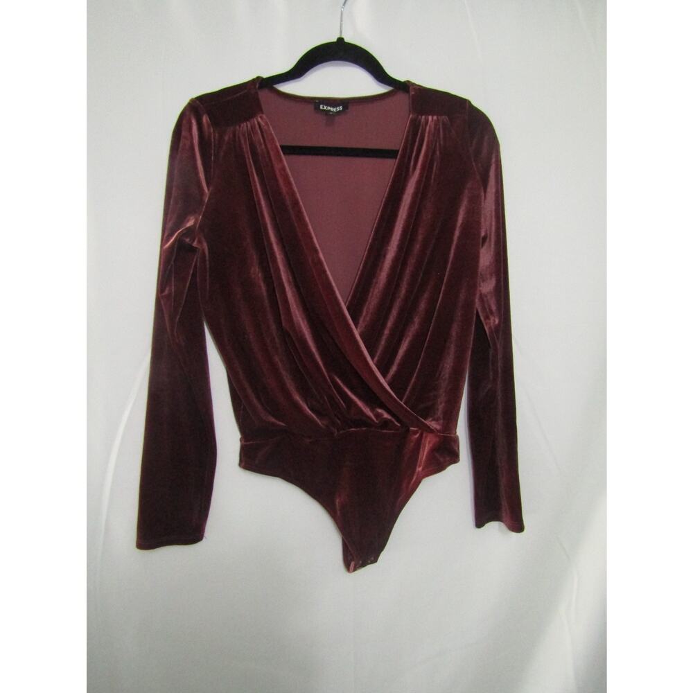 Express‎ Small Women's Velvet Burgundy Long Sleeve Bodysuit Surplice Top